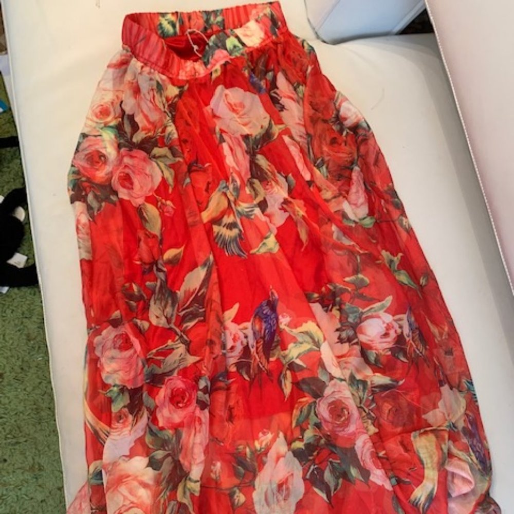 Red Rose Floral Chiffon Skirt - NEW